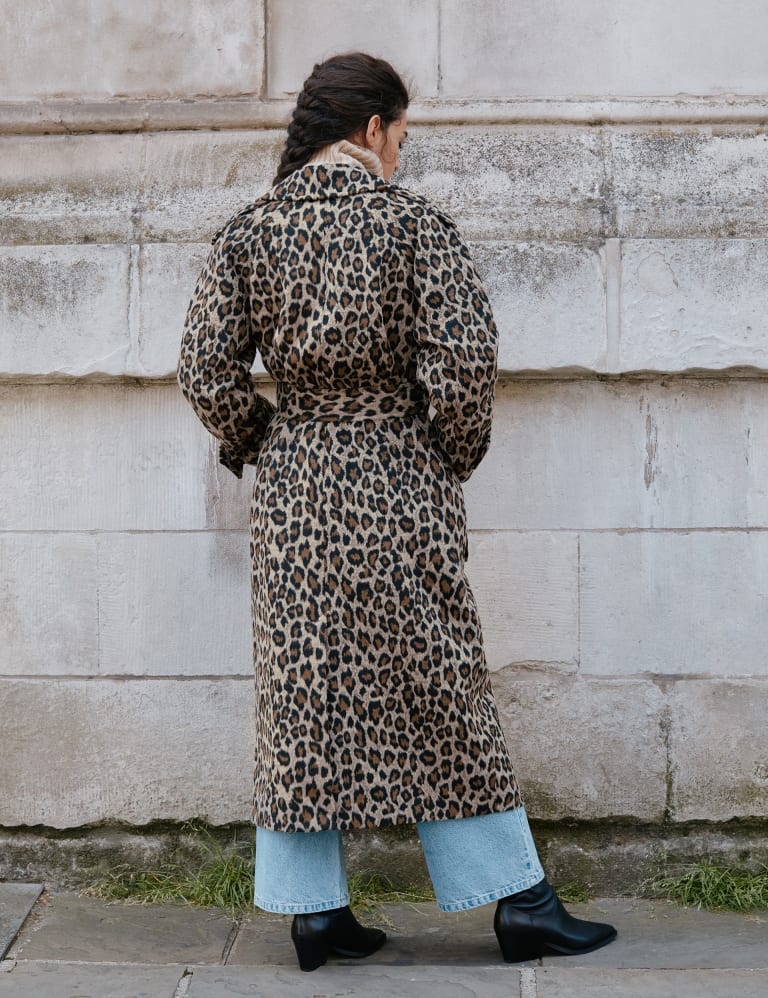 Leopard Print Belted Trench Coat with Wool