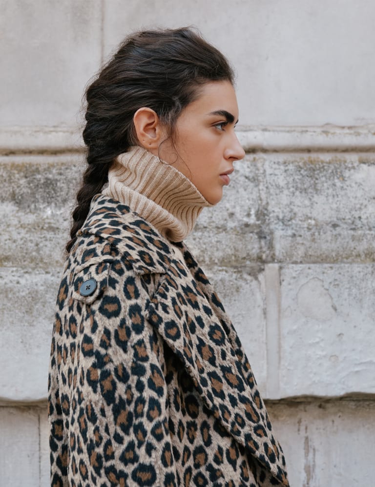 Leopard Print Belted Trench Coat with Wool