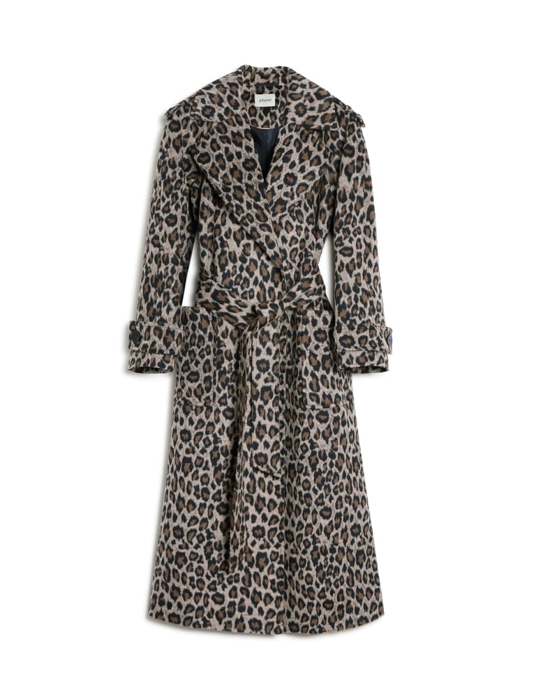 Leopard Print Belted Trench Coat with Wool