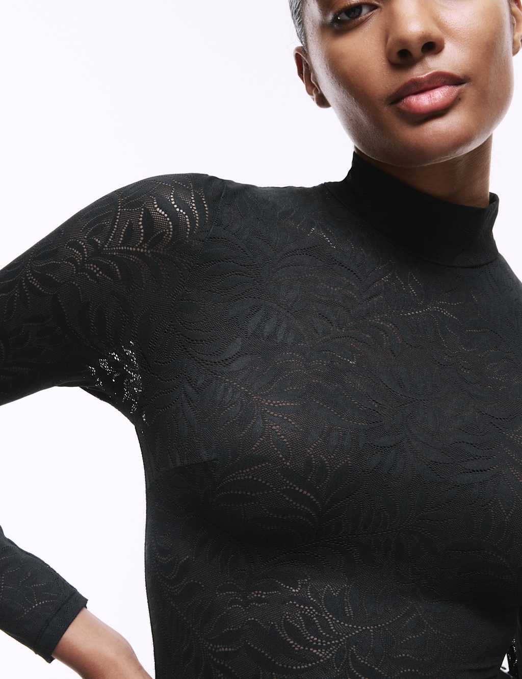 Black Lace Panel Mesh Long Sleeve Bodysuit