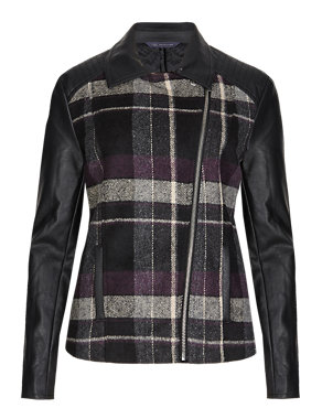 Lightly Padded Checked Biker Jacket with Wool Image 2 of 4