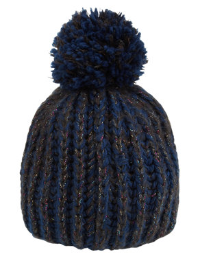 Lightweight Metallic Effect Knitted Bobble Hat Image 2 of 3