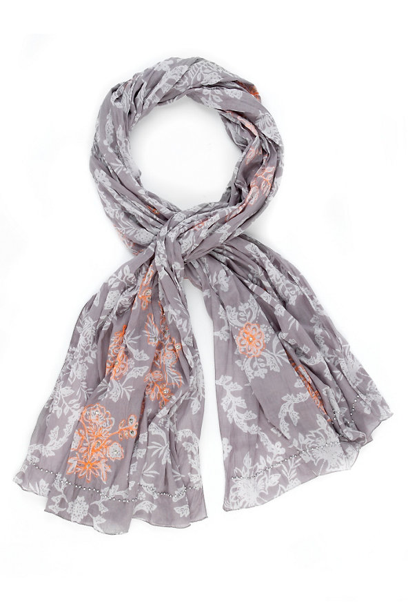 Lightweight Pure Cotton Neon Embroidered Scarf Image 1 of 2