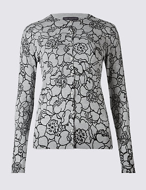 Line Floral Print Round Neck Cardigan Image 2 of 4