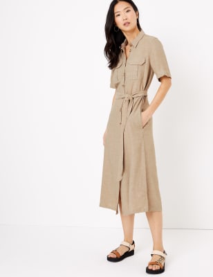 linen belted shirt dress