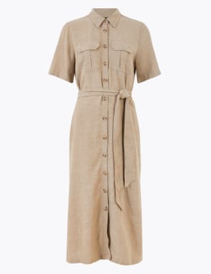 Linen Belted Midi Shirt Dress Image 2 of 4