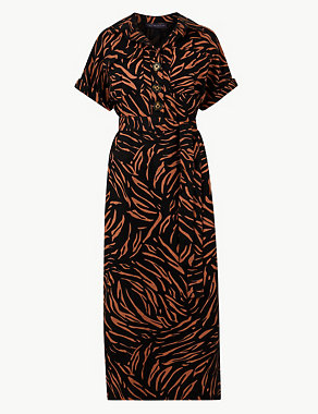 Linen Blend Animal Print Shirt Midi Dress Image 2 of 4