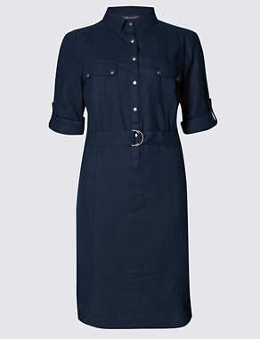 Linen Blend Belted Shirt Dress Image 2 of 3