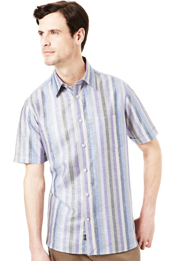 Linen Blend Block Striped Shirt Image 1 of 1