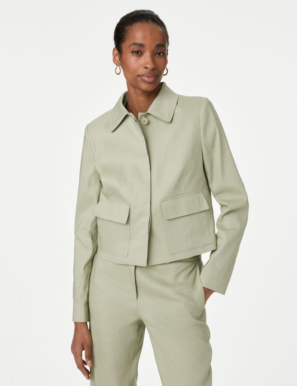 Linen Blend Collared Cropped Utility Jacket 2 of 6