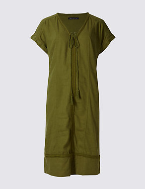 Linen Blend Drawstring Tassel Tunic Dress Image 2 of 4