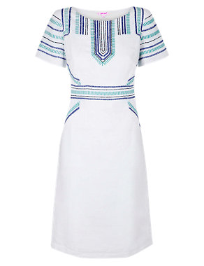 Linen Blend Embroidered Shift Dress Image 2 of 7
