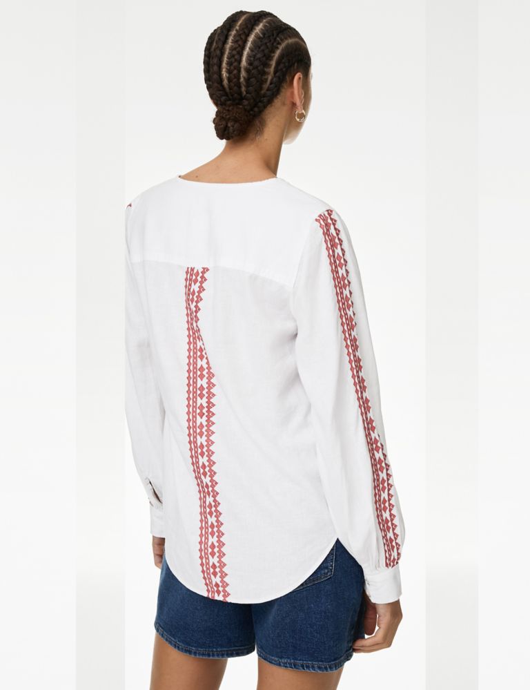 Linen Blend Embroidered Tie Neck Blouse 5 of 5