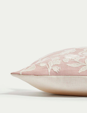 Linen Blend Floral Embroidered Bolster Cushion Image 2 of 4