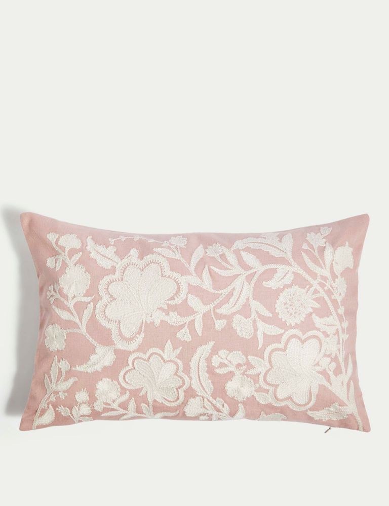 Linen Blend Floral Embroidered Bolster Cushion 1 of 5
