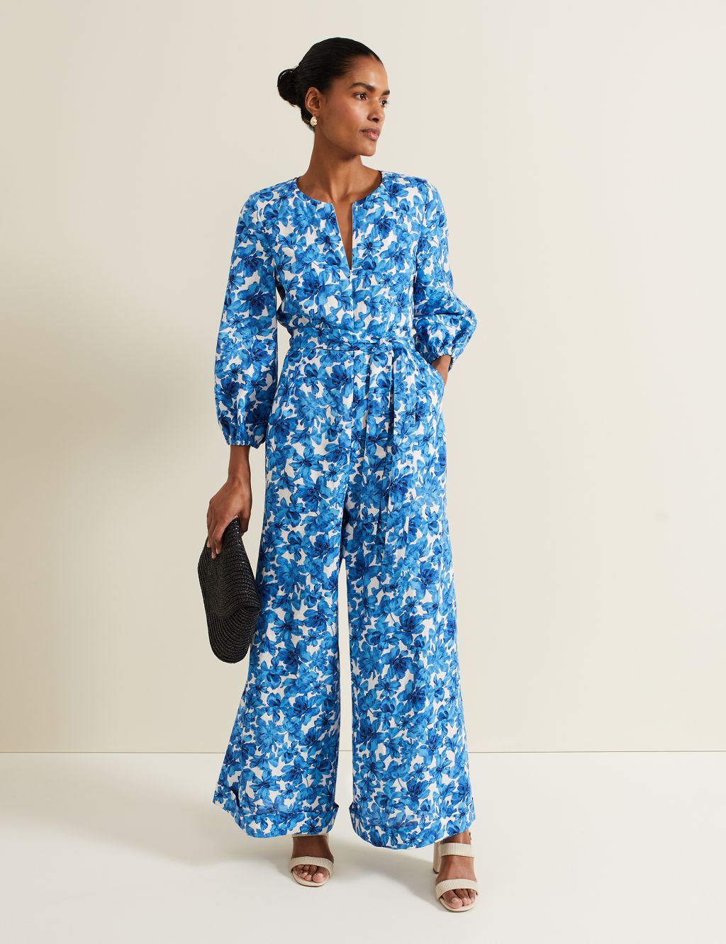 Linen Blend Floral Long Sleeve Jumpsuit