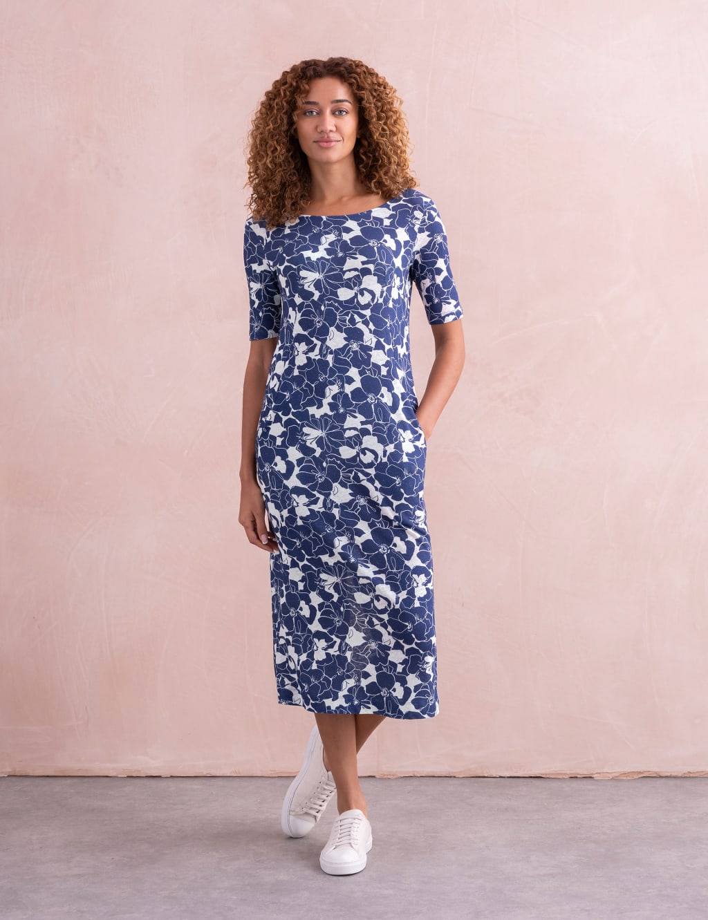 Linen Blend Floral Midi Shift Dress 3 of 6