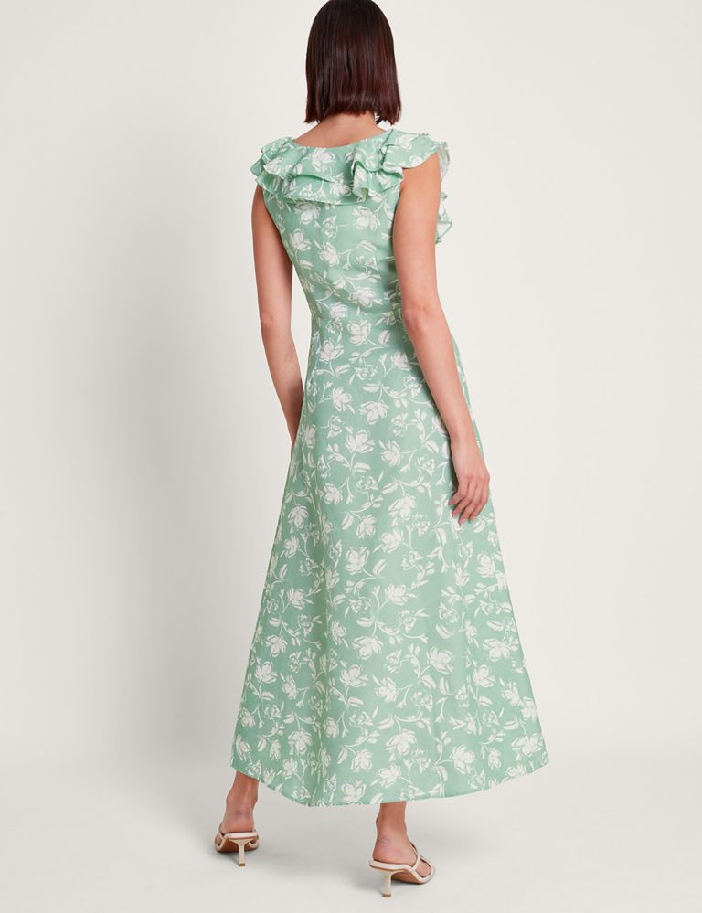 Linen Blend Floral Ruffle Detail Midi Tea Dress 4 of 5