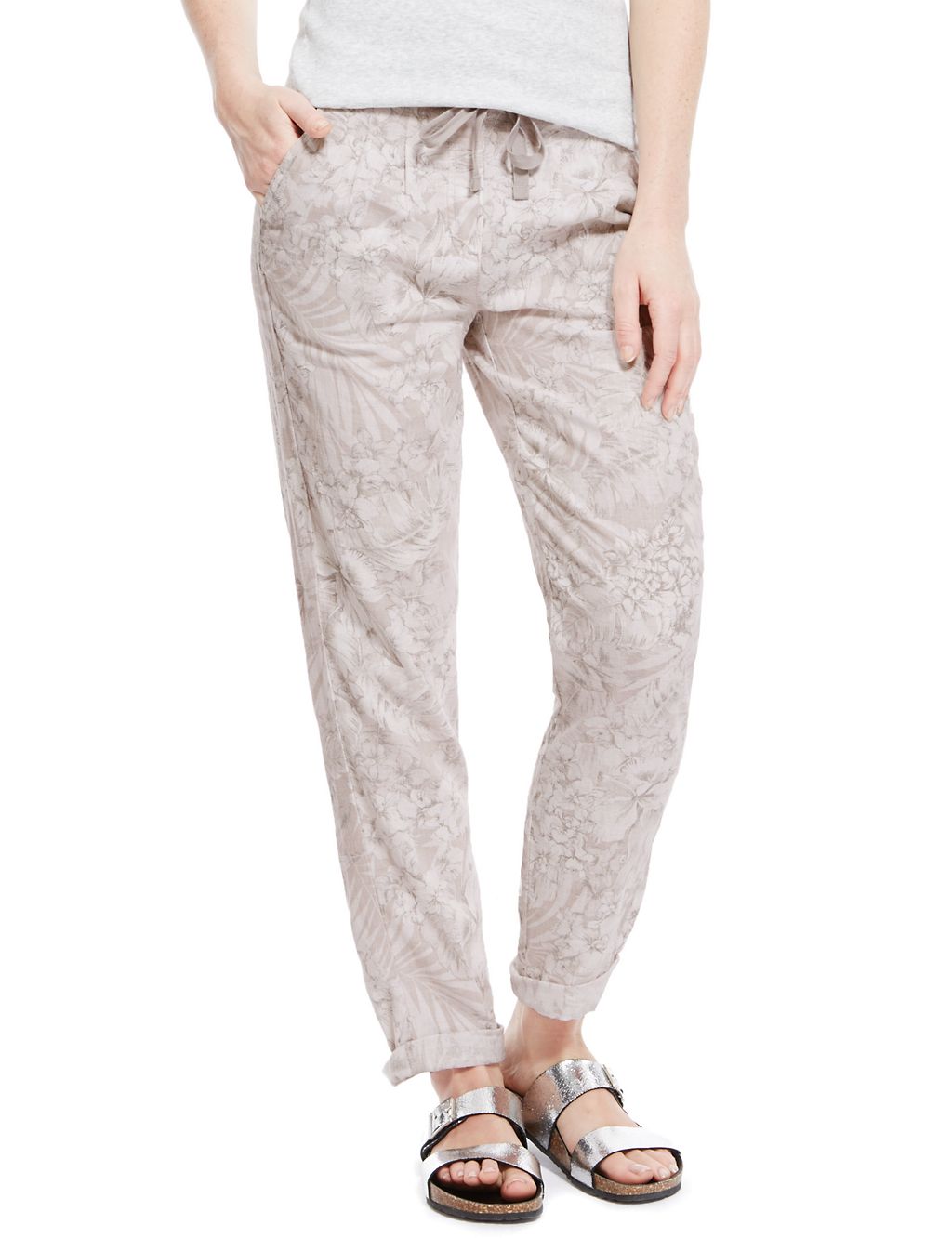 Linen Blend Floral Tapered Leg Trousers 2 of 4
