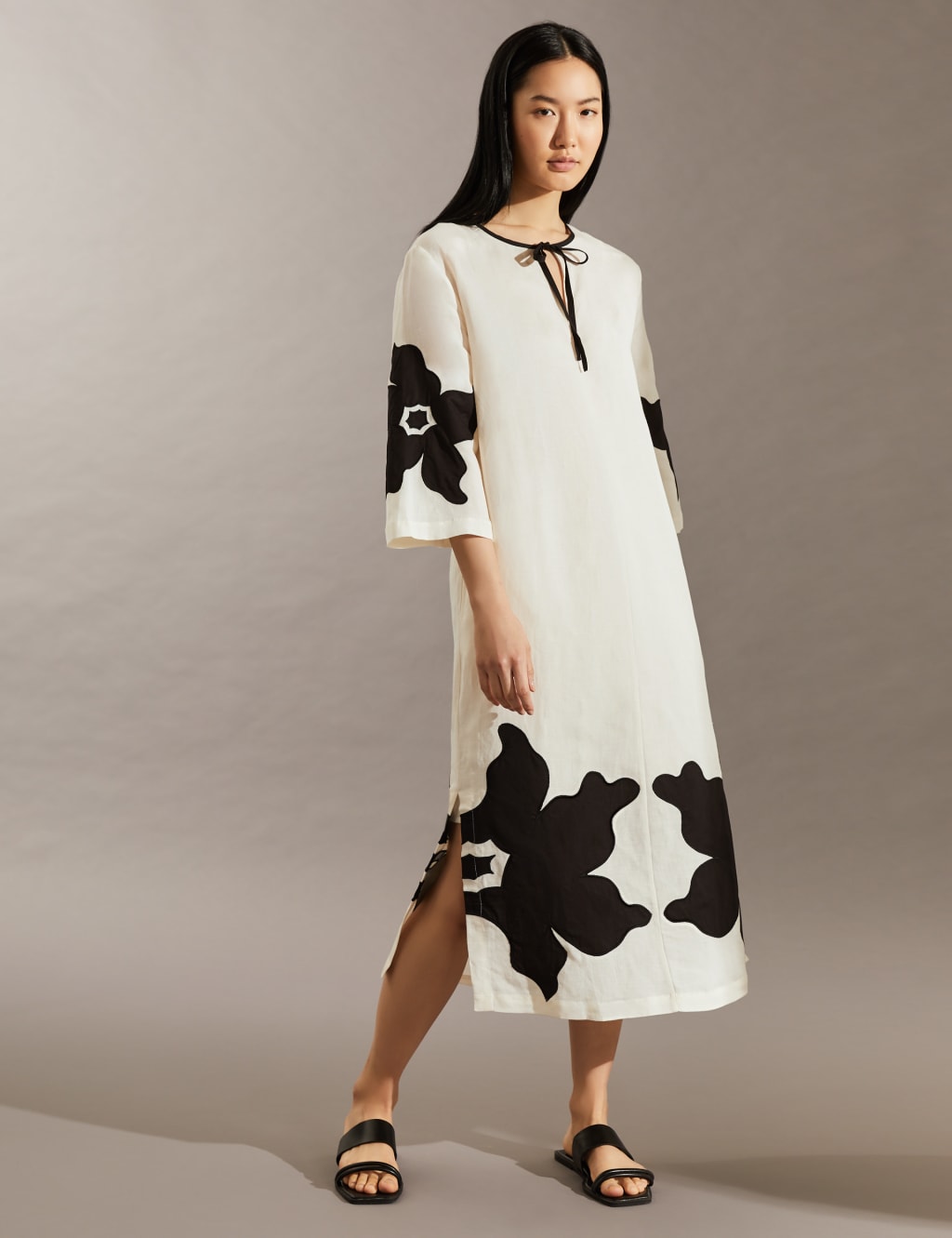 Linen Blend Floral Tie Neck Midi Dress