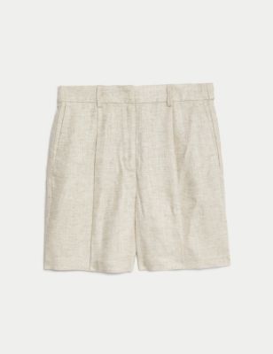 Linen Blend High Waisted Pleat Front Shorts Image 2 of 5