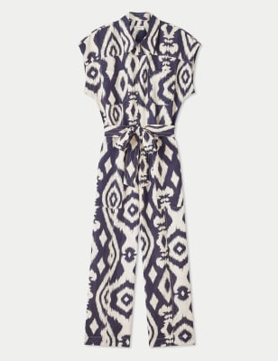 Linen Blend Ikat Print Belted Jumpsuit Image 2 of 5