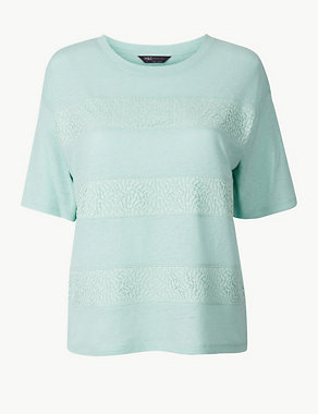 Linen Blend Lace Detail Regular Fit T-Shirt Image 2 of 4