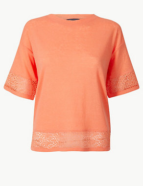 Linen Blend Lace Hem Relaxed Fit T-Shirt Image 2 of 4