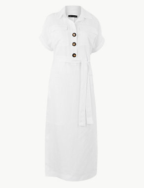 Linen Blend Patch Pocket Shirt Midi Dress Image 2 of 4