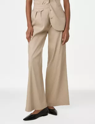 Linen Blend Pleat Front Wide Leg Trousers