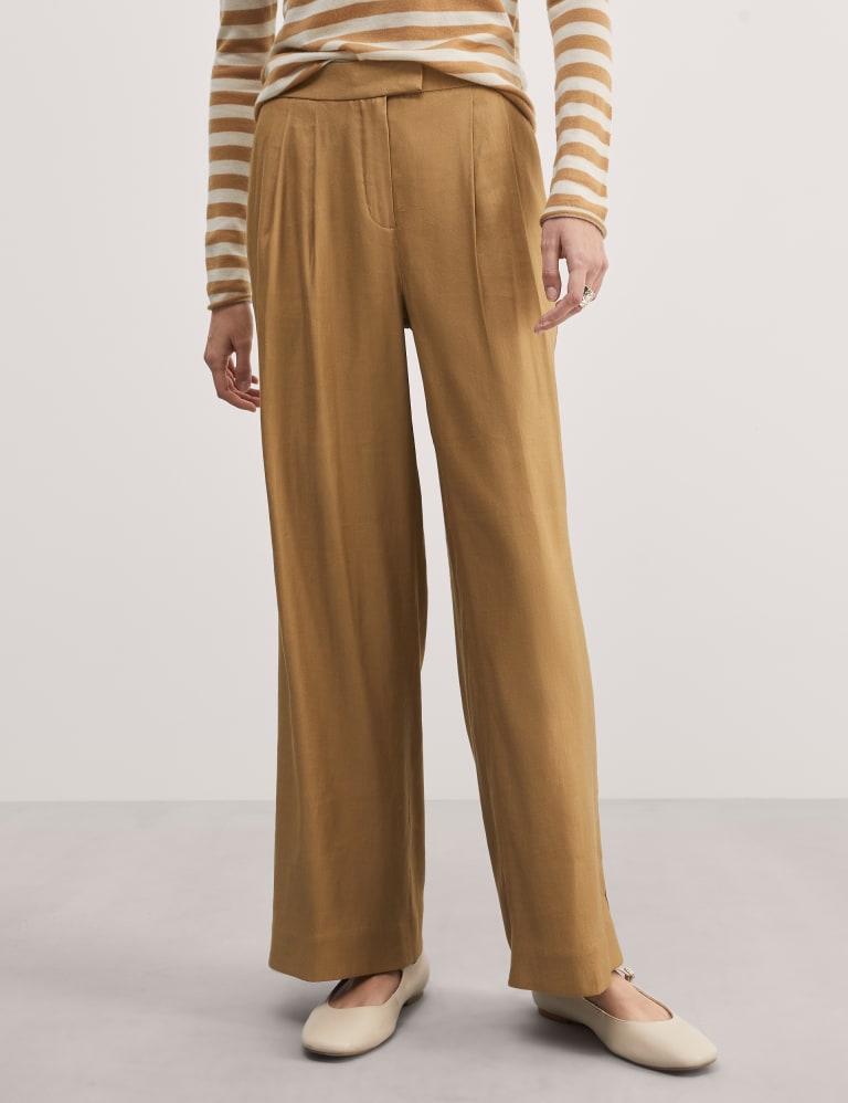 Linen Blend Pleat Front Wide Leg Trousers