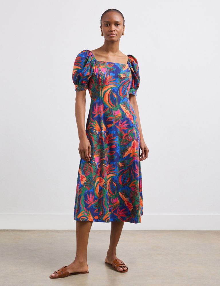Linen Blend Printed Midi Waisted Dress 1 of 4