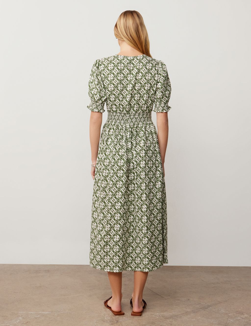Linen Blend Printed V-Neck Midaxi Waisted Dress 1 of 4