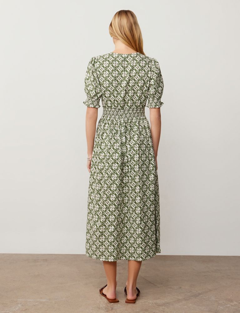 Linen Blend Printed V-Neck Midaxi Waisted Dress 2 of 4