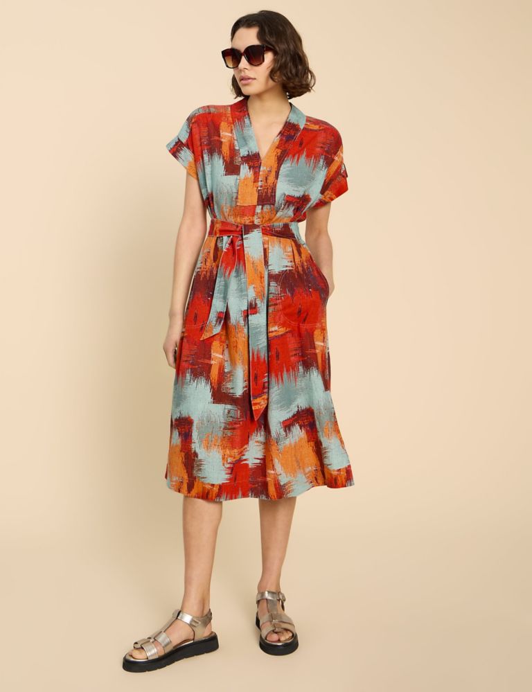 Linen Blend Printed V-Neck Midi Tea Dress 1 of 6