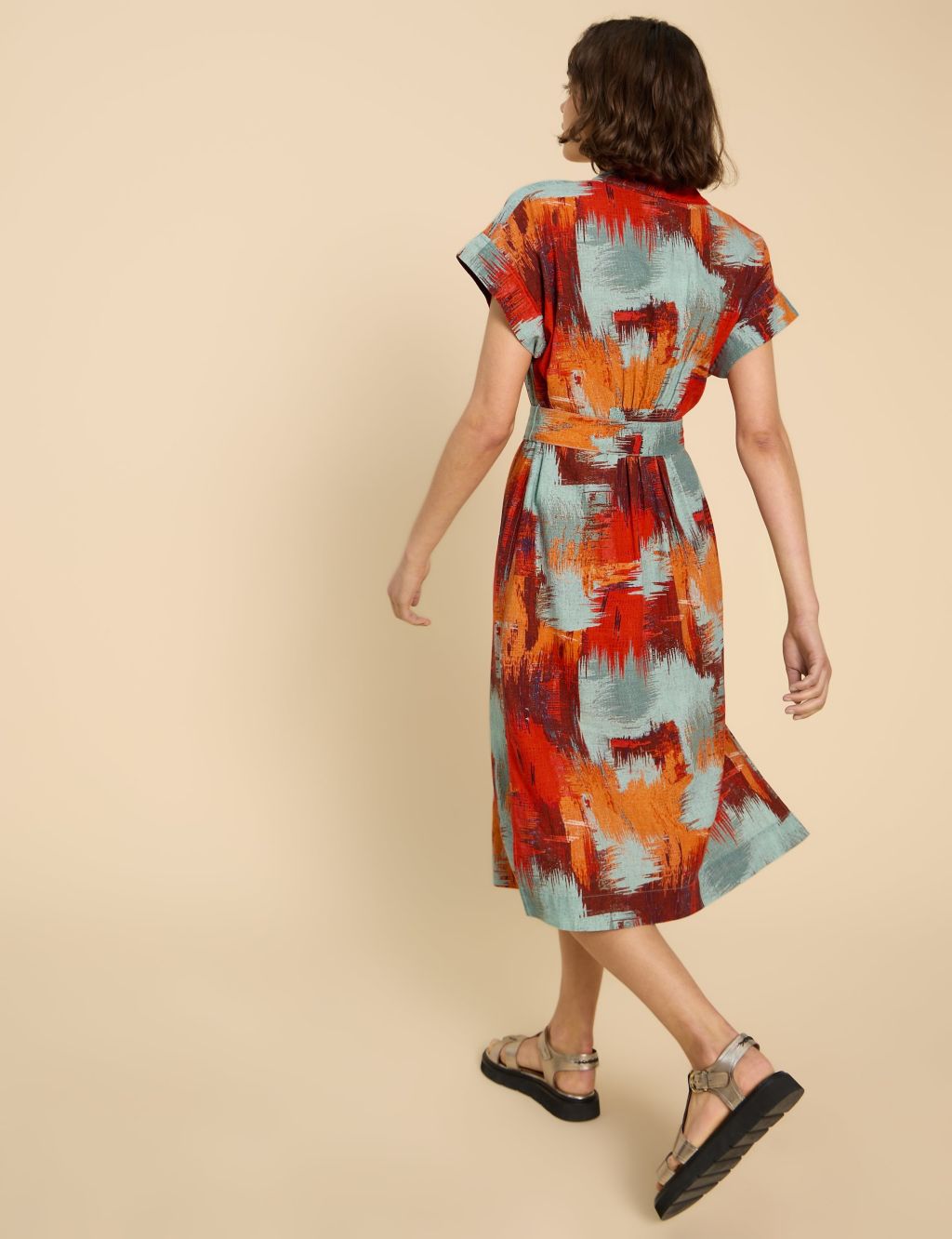 Linen Blend Printed V-Neck Midi Tea Dress 2 of 6
