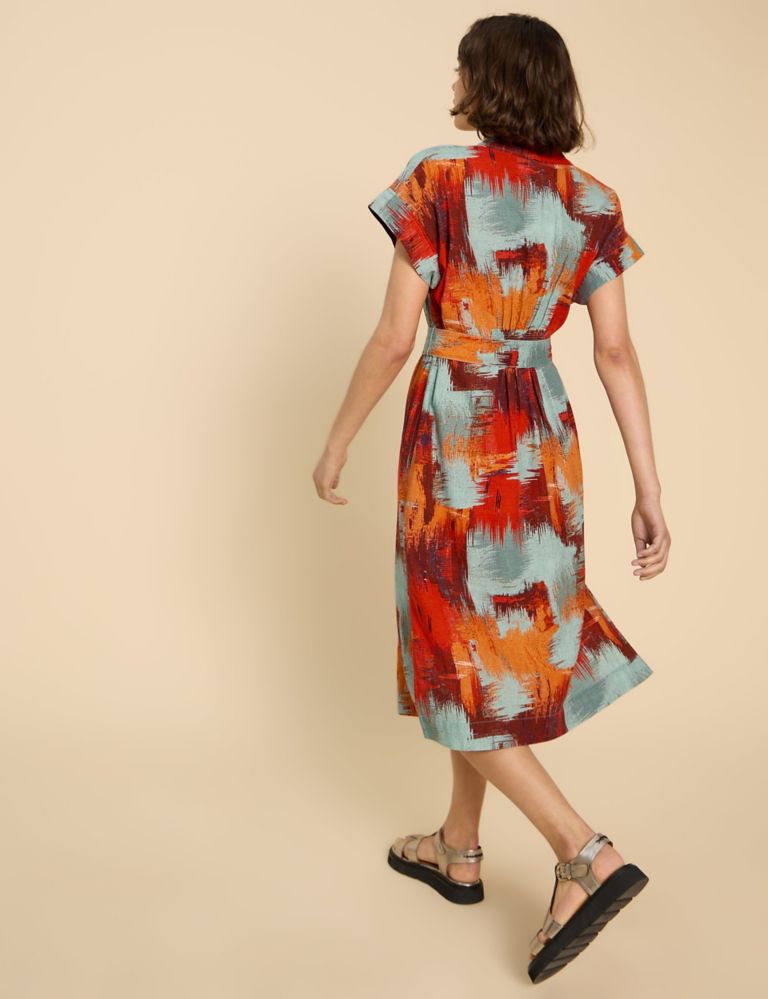 Linen Blend Printed V-Neck Midi Tea Dress 3 of 6