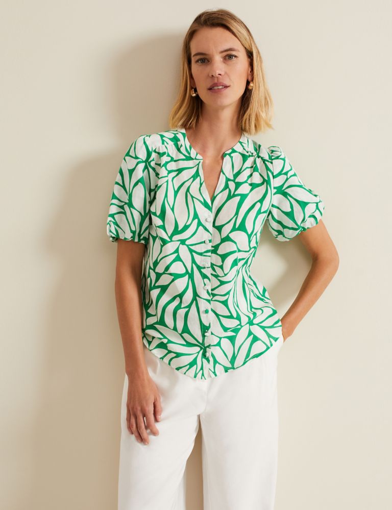 Linen Blend Printed V-Neck Shirt 1 of 6
