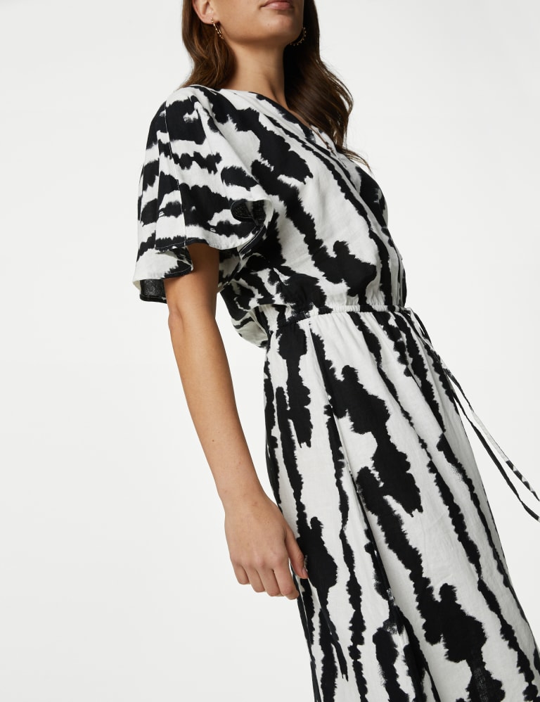 Linen Blend Printed V Neck Swing Dress