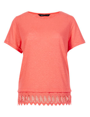 Linen Blend Short Sleeve Lace Hem T-Shirt Image 2 of 4