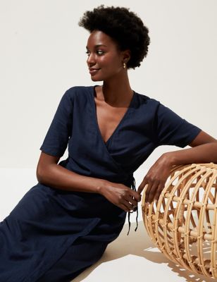 Linen Blend Short Sleeve Midi Wrap Dress | M\u0026S Collection | M\u0026S