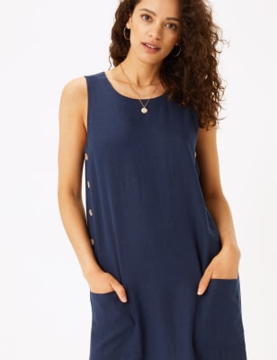 Sleeveless Linen-Blend Button-Front Midi Shift Dress