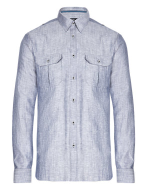 Linen Blend Slim Fit Military Chambray Shirt Image 2 of 3