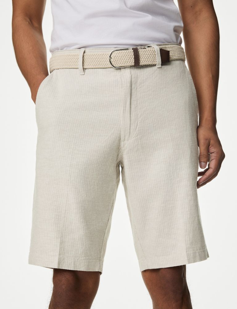 Linen Blend Striped Belted Chino Shorts 1 of 6