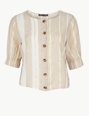 Linen Blend Striped Button Front Blouse Image 2 of 4