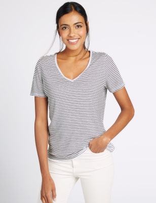 Linen Blend Striped Short Sleeve T-Shirt Image 1 of 4
