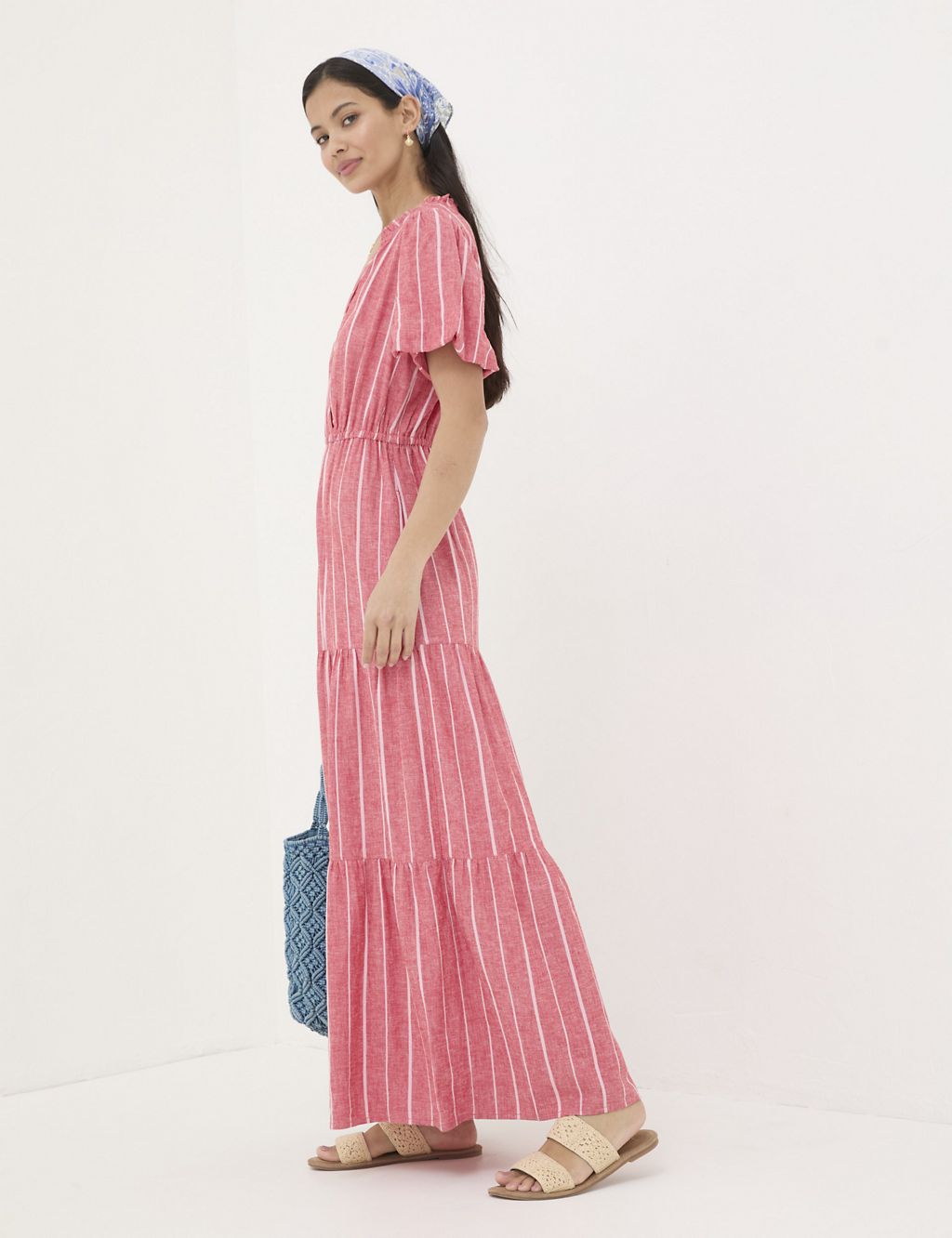 Linen Blend Striped V-Neck Maxi Tiered Dress 3 of 6