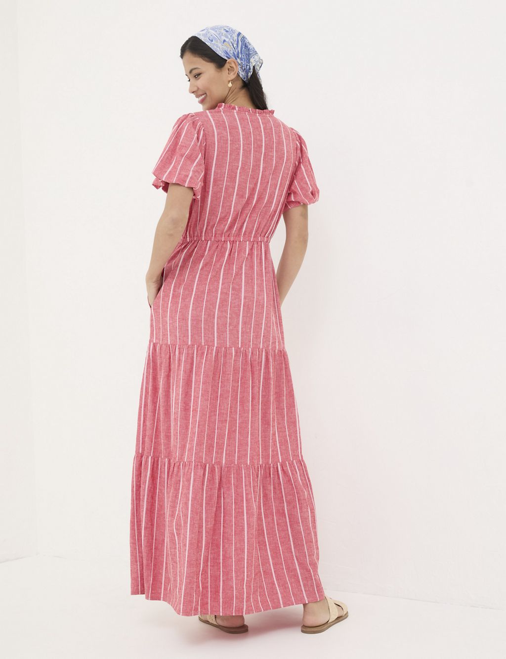 Linen Blend Striped V-Neck Maxi Tiered Dress 2 of 6