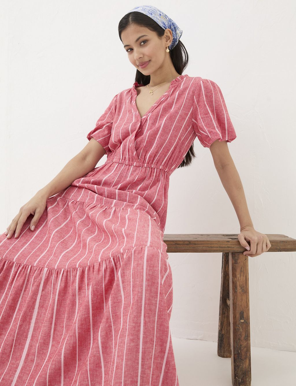 Linen Blend Striped V-Neck Maxi Tiered Dress 5 of 6