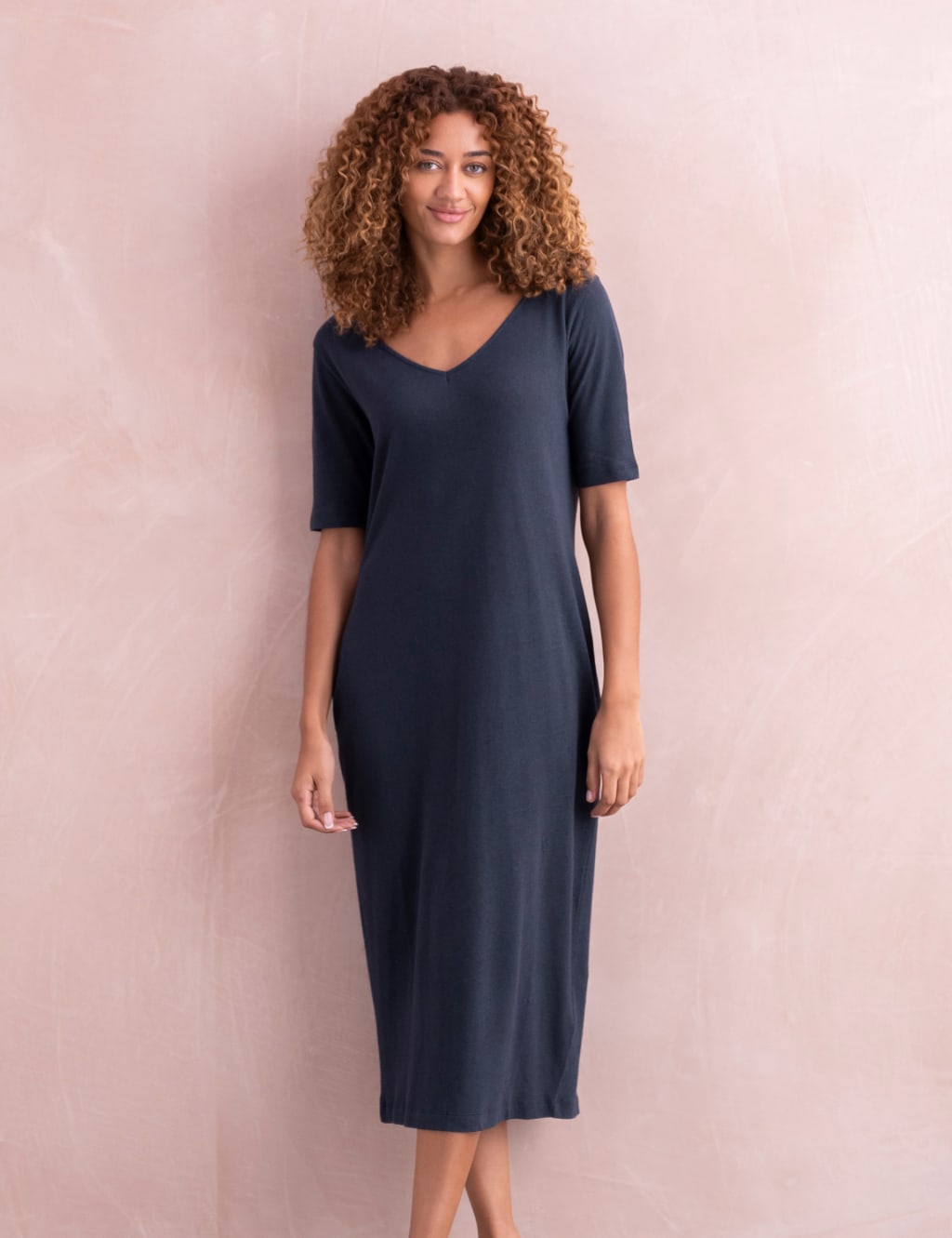 Linen Blend V-Neck Midi Shift Dress 3 of 8